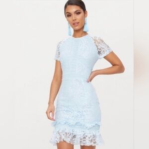 Pretty Little Thing Dusty Blue Frill Hem Lace Bodycon Dress